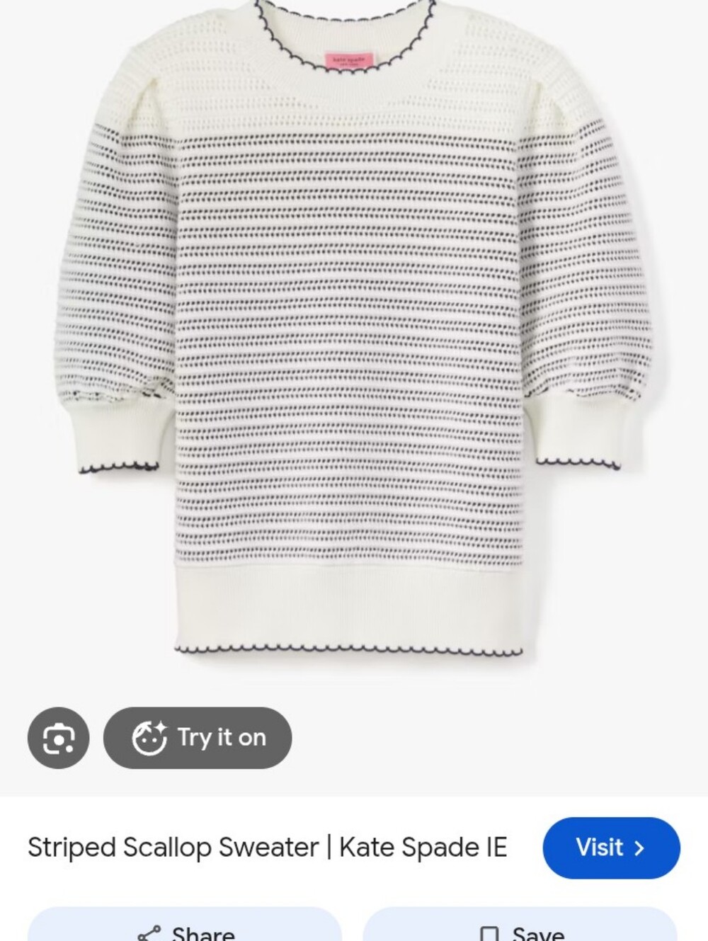 kate spade White and Black Striped Scallop-Edge Puff Sleeve Sweater